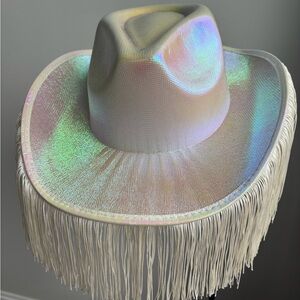 Bachelorette white shimmer Cowboy Hat with Fringe for BRIDE